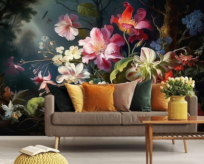 Colorful Floral Wallpaper Illuminated by Hazy Moonlight, Natural Landscape Flower Mural, Decorative Background Wall Mural（Non-self-Adhesive）