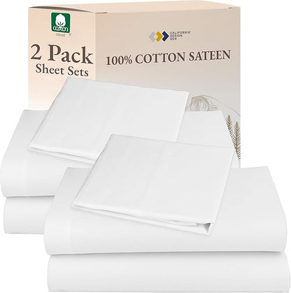 California Design Den 100% Cotton Bed Sheets - 2-Pack Twin Sheets Set - Sateen Weave, Soft & Durable, Deep Pocket Bedding Set - White