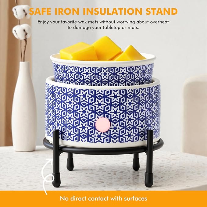 Blue & White Porcelain Wax Warmer, Electric Wax Melt Warmer, 3-In-1 Ceramic Candle Warmer for Scented Wax Melter with Iron Shelf, Fragrance Oil Burner for Home Office Bedroom Gift & Decor(Blue Flower)