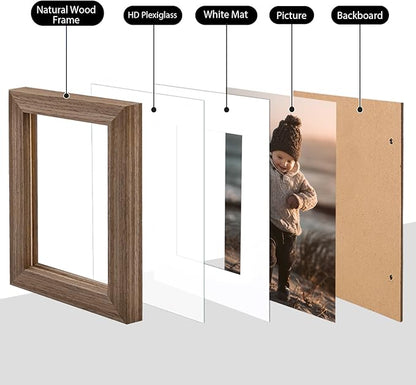 KINLINK 4x6 Frame Brown Wood, Solid Wood 4 x 6 Picture Frame with Acrylic Plexiglass for 3.5x5 with Mat, Tabletop and Wall Display Photo Frames 4x6 Brown Wood, 4 Pack