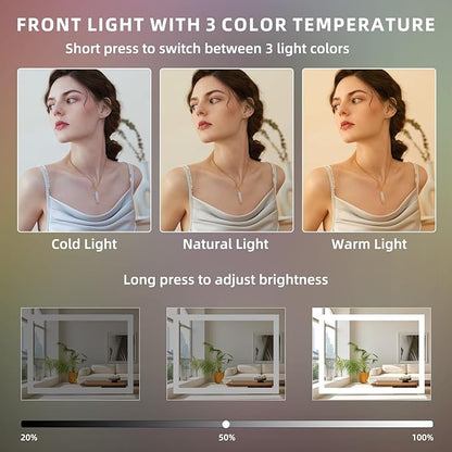 FENCHILIN Vanity Mirror with Lights, 23" x 18" RGB Backlit + Front Lit Hollywood Makeup Vanity Mirror LED Strip with 3 Colors Modes Smart Touch for Dressing Room & Bedroom White