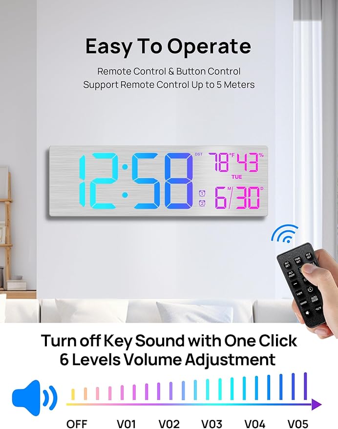 MASHI 18.5" Large Digital Wall Clock with Remote Control, Dual Alarm with Big LED Screen Dispaly,10 Adjustable Brightness, DST, Date Week,Temp for Living Room, Bedroom, Gift for Elderly (Silver)