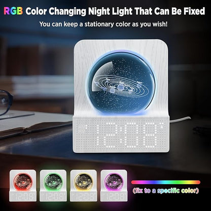 DreamSky Space Alarm Clock for Kids Teens, Small Digital Clock with RGB Night Light for Bedroom, Colorful Crystal Ball Decor for Living Room Office, Dimmer, Gifts for Boys Girls Women (Wood Grain)