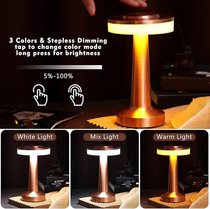 Riakrum 2 Pcs LED Portable Cordless Table Lamp with Touch Sensor 3 Color Stepless Dimming Rechargeable Battery up to 15 Hours Cordless Table Light Wireless Lamp for Nursery (Rose Gold)