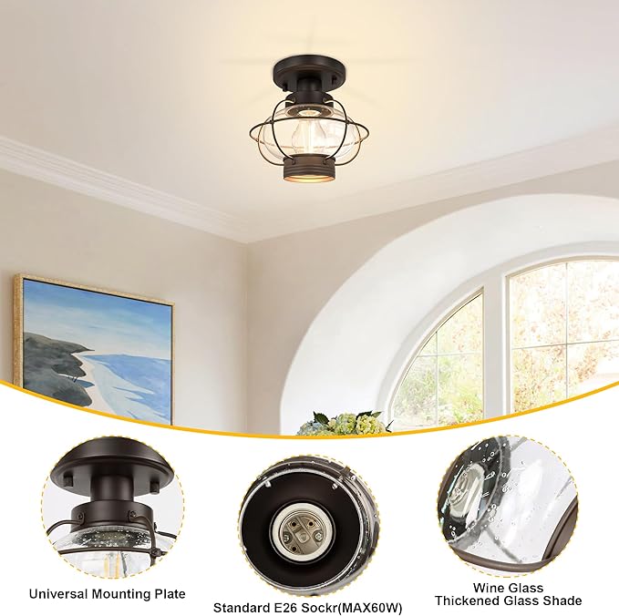 Kalium Porch Ceiling Light Fixture, Outdoor Flush Mount Ceiling Light with Glass Globe Shade, E26 Standard Base Industrial Farmhouse Lamp for Hallway Bedroom Balcony Porch Stairway