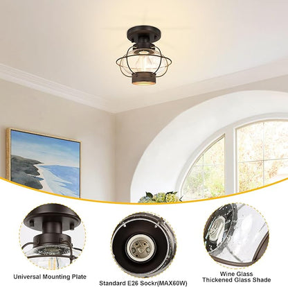 Kalium Porch Ceiling Light Fixture, Outdoor Flush Mount Ceiling Light with Glass Globe Shade, E26 Standard Base Industrial Farmhouse Lamp for Hallway Bedroom Balcony Porch Stairway