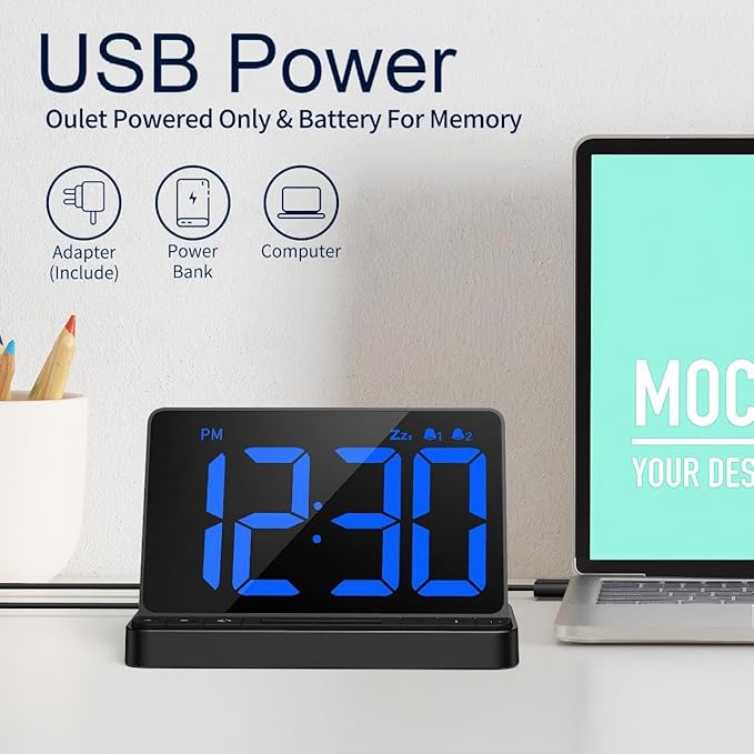 NOKLEAD Digital Alarm Clock for Bedroom: Large 6.5-inch LED Display, Stepless Brightness, 9-Mins Snooze, USB Charging Port, 2 Alarm with 5 Ringtone 3 Volume, Easy to Use for Kids Seniors (Black)
