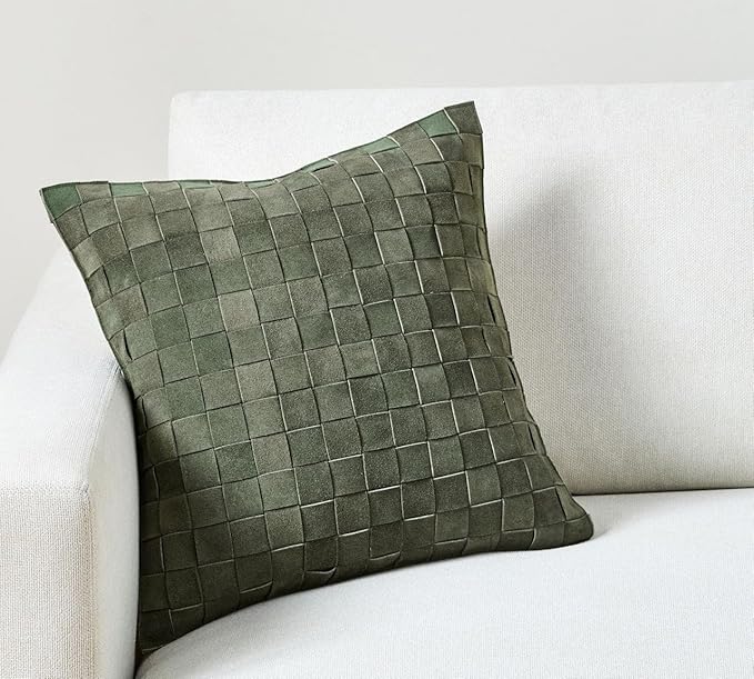 Genuine Lamb Leather Cushion Pillow Cover - Luxury Leather Pillow Case - Modern, Boho, Farmhouse Home Decor - Bedroom Couch, Living Room, Sofa Bed (Basketweave - Hunter, 18" x 18")