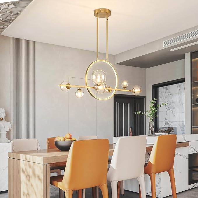 Modern 7-Light Gold Kitchen Island Light for Dining Room, 37.4" Minimalist Dimmable LED Linear Pendant Lights with Globe Glass Shade, Ceiling Light Fixture Hanging for Dining Room, Office, Kitchen