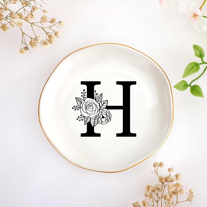 JoycuFF Initial H Ceramic Jewelry Tray, Bridesmaid Bride Gifts, Mothers Day Christmas Anniversary Engagement Birthday Gifts for Women Couples, Trinket Dish for Rings Earrings Necklaces Bracelets Keys
