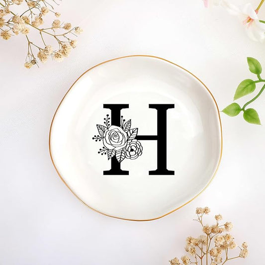 JoycuFF Initial H Ceramic Jewelry Tray, Bridesmaid Bride Gifts, Mothers Day Christmas Anniversary Engagement Birthday Gifts for Women Couples, Trinket Dish for Rings Earrings Necklaces Bracelets Keys