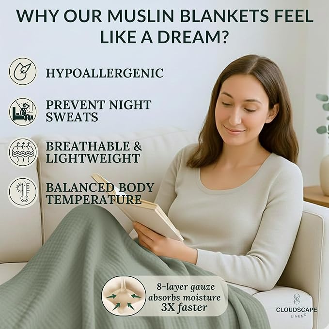 Cloud Scape Linen Extra Large 8 Layer Muslin Throw Blanket - 100% Cotton Gauze, Soft and Breathable, Winter Blanket for Couch, Sofa and Bed, Idea, 50x70, Sage Green