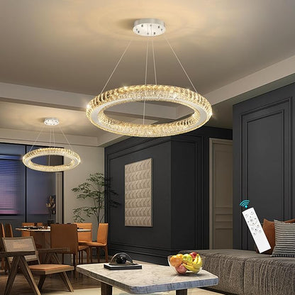 LED Chandelier Modern Dimmable Dining Room Chanderliers Entryway Crystal Ring Pendant Lights for Kitchen Bedroom Living Room Silver Light