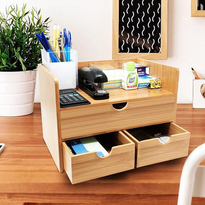 Sorbus Bamboo Desk Organizer - 3-Tier 100% Bamboo Desktop Organizers – Mini Bamboo Desk Drawer Tabletop Storage Box Countertop Organization 3 Drawers & Shelf - Office, Makeup Vanity, Fully Assembled