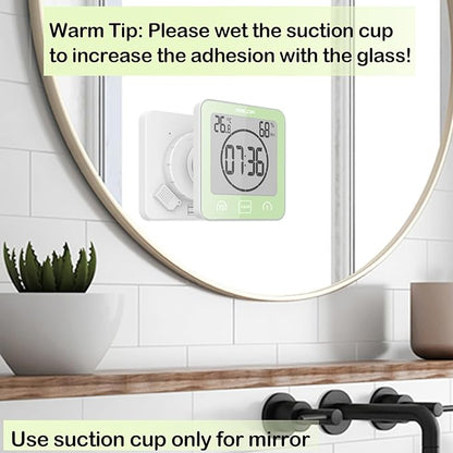 Waterproof Bathroom Wall Clock and Timer, Digital Water Resistant Hanging Timer for Shower, Large Display Kitchen Cooking Countdown Timers, Mirror Suction Clock with Temperature Humidity Meter (Green)