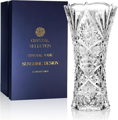 CS Crystal Vase 12-inch high, Sunshine Design, for Flowers & Decor. Lovely Nice Shiny Piece. Perfect as a Gift, Suitable for All Occasions.