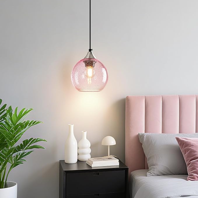 Pink Glass Pendant Lights Kitchen Island Globe Pendant Light Fixtures Modern Pendant Lighting for Bedroom Living Dining Room Light Fixture (5.9 in, 2 Pack)