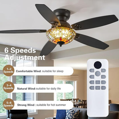 Tiffany Ceiling Fans with Lights - 48" Ceiling Fan Chandelier with 5 Dual-Blades and Glass Shade, 6 Speeds and Reversible, Indoor and Outdoor, Retro Style