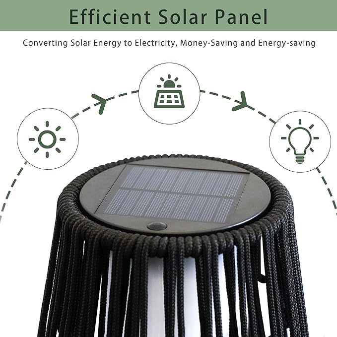 TRIROCKS Outdoor Floor Lamp 2 Piece Solar Powered Lantern Wicker Solar Patio Lamp with Olifen Rope Waterproof Rattan Outside Solar Deck Light for Patio Garden Lawn Yard (Black)