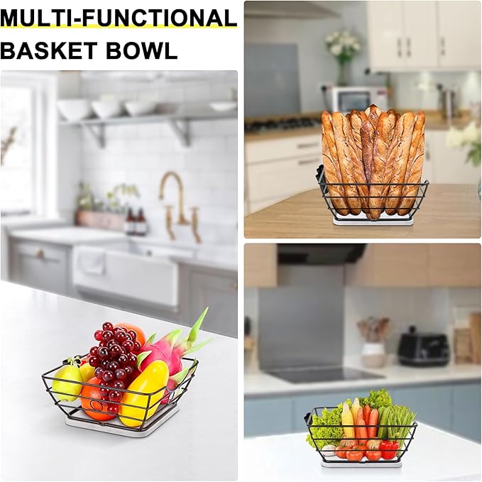 Livabber Countertop Fruit Basket Bowl with Banana Hanger, Modern Standing Fruit Vegetable Bowl Storage, with Banana Tree Holder for Kitchen Dinning Table (Square Marble, Black)