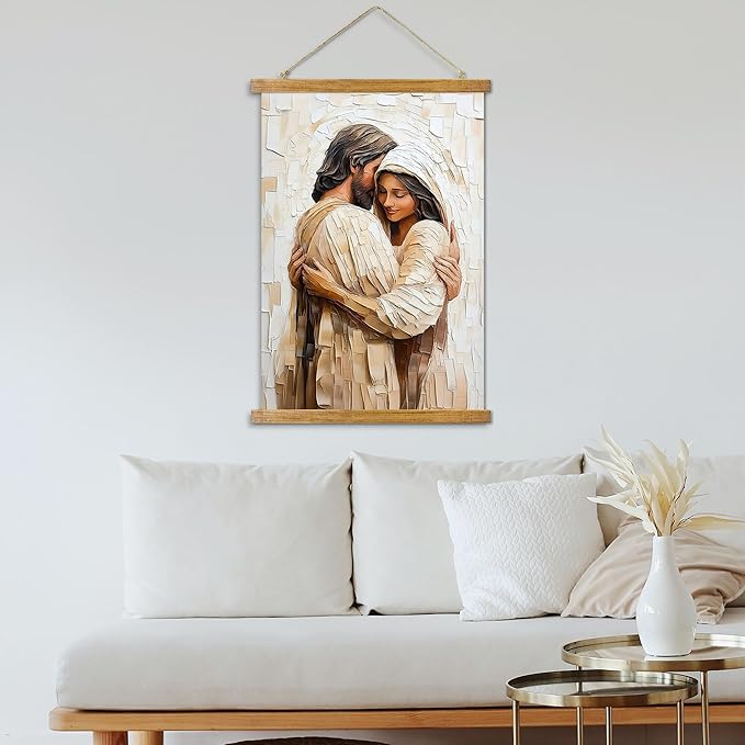 ABoby Jesus Embracing Woman Poster, Safely in the Arms of Jesus Wall Art Decor, Christian Painting for Living & Prayer Room