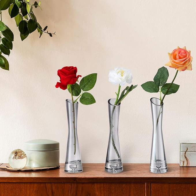 Lallisa 6 Pcs Glass Bud Vases for Centerpieces Maria Modern Clear Small Skinny Decorative Single Flower Bud Vase for Wedding Party Event Home Office Decoration(7.87 Inch,Grey)
