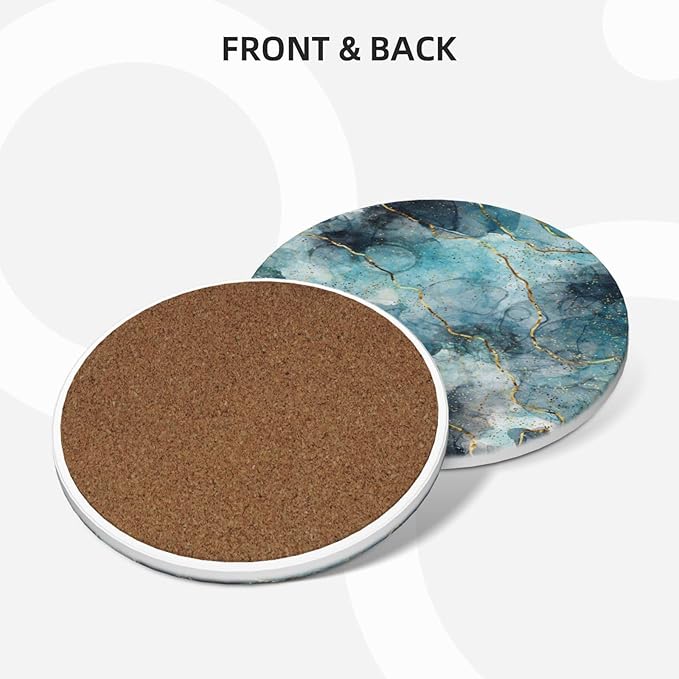 6 Pcs Ceramic Coasters with Holder Absorbent Drink Round Gold and Blue Marble Style Design for Home Table Coffee Cup Wine Beer Bar,Size 4.4 inches