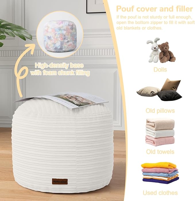 MeMoreCool Stuffed Round Pouf Ottoman Foot Rest, Soft Plush Floor Pouf Foot Stool, Corduray Footstool Footrest, Small Round Ottoman for Living Room Couch Sofa Chair, 20x15 Inch Beige