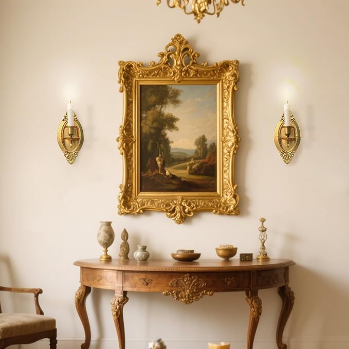 Gold Candle Sconces Set of Two, Brass Color Victorian Royal Wall Sconce, Metal Rustic Candle Holder Baroque Home Wall Decor for Living Room, Dining Room, Bedroom, Fireplace, Hallway, Window