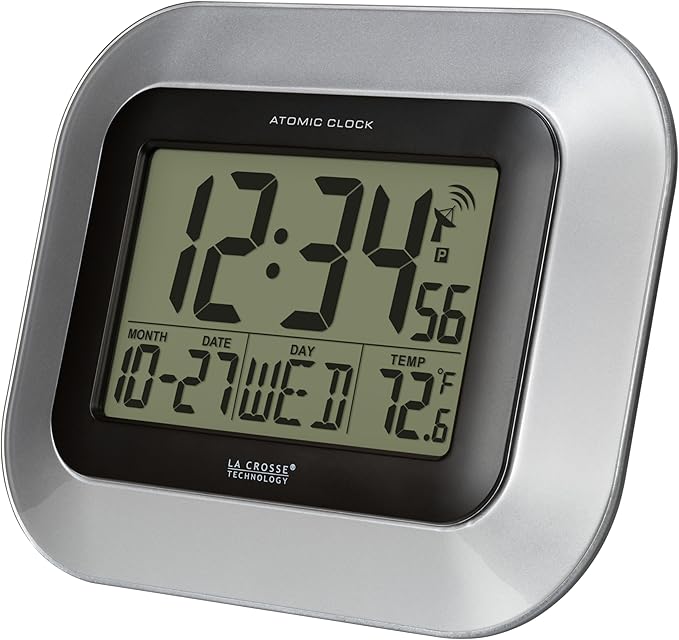 La Crosse Technology WT-8005U-S Atomic Digital Wall Clock with Indoor Temperature, Silver