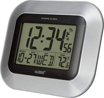 La Crosse Technology WT-8005U-S Atomic Digital Wall Clock with Indoor Temperature, Silver