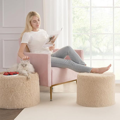 Hansleep Pouf Ottoman Foam Filled 17 x 14, Faux Fur Round Ottoman Foot Rest for Chair with Washable Cover, Foot Stools Under Desk for Living Room & Bedroom, Brown