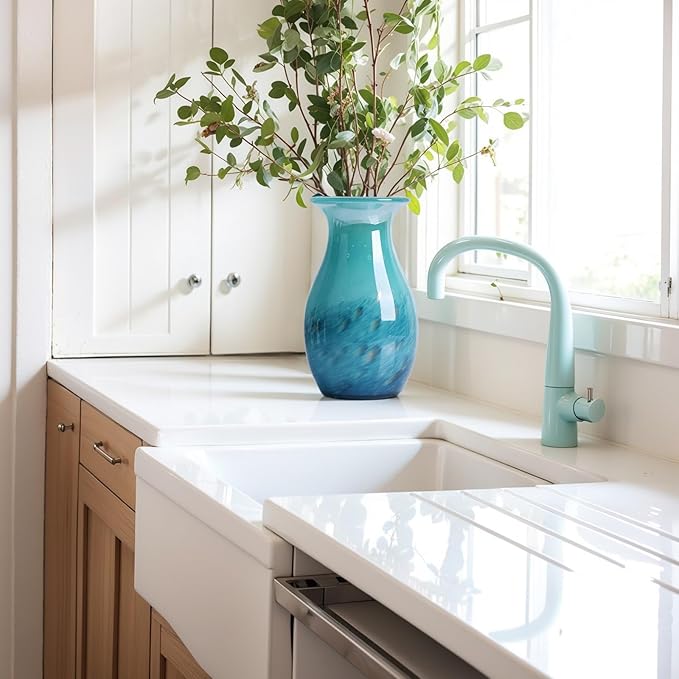 Teal Glass Vase – 11.4in Hand Blown Wide Mouth Art Glass Vase – Turquoise Decorative Vase for Flowers, Centerpieces, Bookshelf, Bathroom, Dining Table or Living Room Display