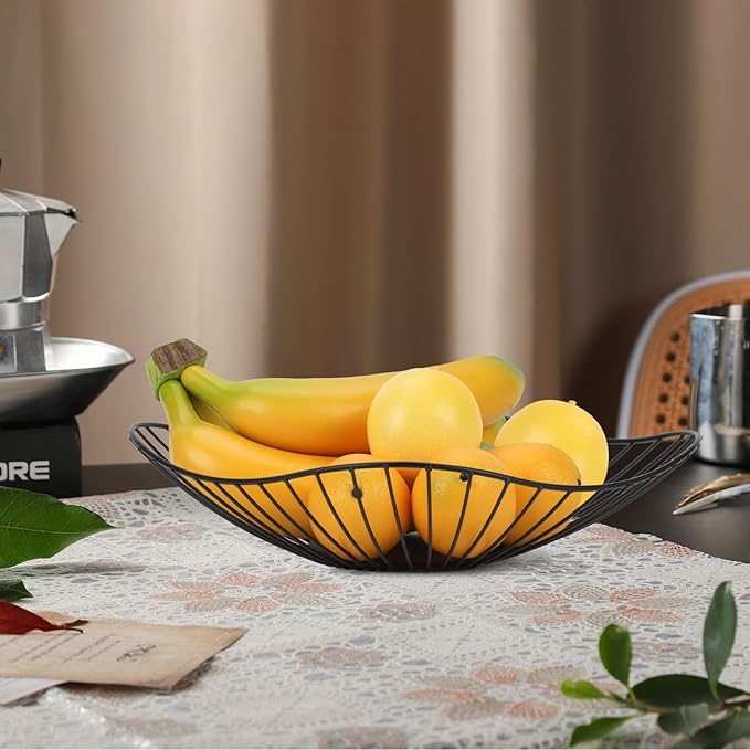 IBWell Antique Curved Edge Fruit Basket for Kitchen Black Wire Basket Fruit Bowl for Home Decor Metal Wire Fruit Holder for Fruit Vegetable Snacks