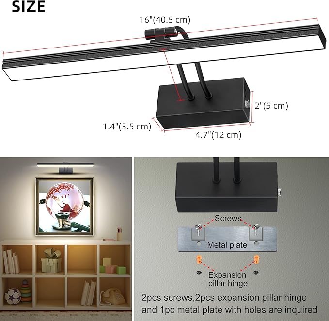 FUNCHDAY Picture Light,3CCT Battery Art Lights for Wall,Wireless Remote Painting Light with Timer and Dimmable,16”Metal Display Lighting for Artwork,Portrait,Gallery (Black-L)