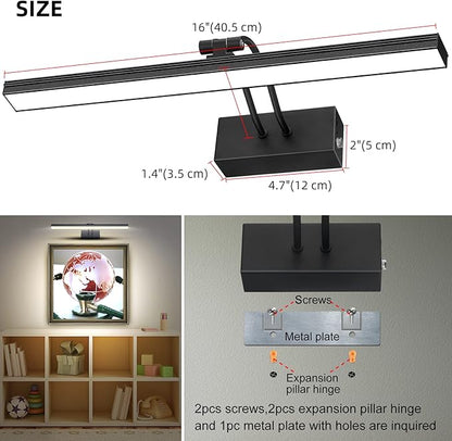 FUNCHDAY Picture Light,3CCT Battery Art Lights for Wall,Wireless Remote Painting Light with Timer and Dimmable,16”Metal Display Lighting for Artwork,Portrait,Gallery (Black-L)