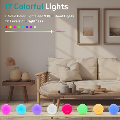 JALL Wake Up Light Sunrise Alarm Clock for Kids, Heavy Sleepers, Bedroom, White Noise Sound Machine with 17 Nihgt Lights, 25 Soothing Sounds, Bluetooth Speaker, Dual Alarms, FM Radio, Wood Grain