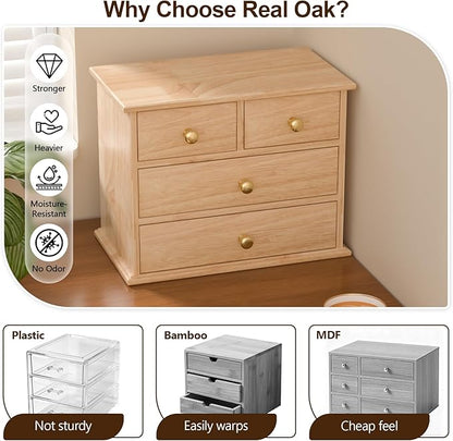 Oak Desk Organizer with Drawers, Durable Wooden Desktop Storage Box with Metal Handles & Non-Slip Silicone Pads, 4 Drawer Tabletop Organizer for Office, Bedroom, Bathroom, Vanity, Makeup – Natural Oak