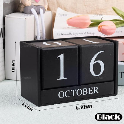 AUEAR, Wooden Block Perpetual Desk Calendar Desktop Cube Rustic Chic Number for Home Office Decoration Large (Black)