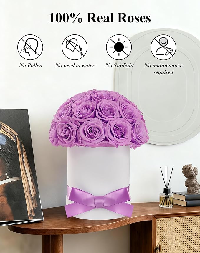 27 Forever Roses Dome in Luxury White Box, Eternal Real Roses Birthday Gifts for Women, Preserved Flowers for Delivery Prime, Anniversary, Valentine's Day, Mothers Day for Mom (Light Purple)