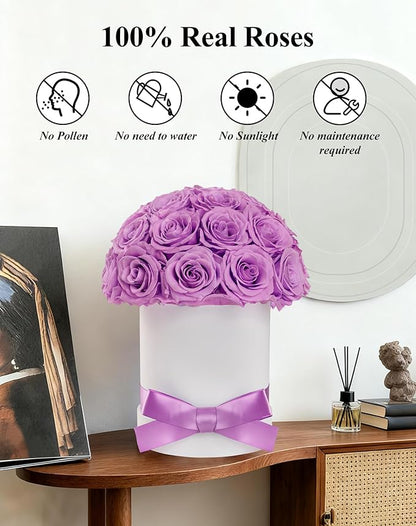 27 Forever Roses Dome in Luxury White Box, Eternal Real Roses Birthday Gifts for Women, Preserved Flowers for Delivery Prime, Anniversary, Valentine's Day, Mothers Day for Mom (Light Purple)