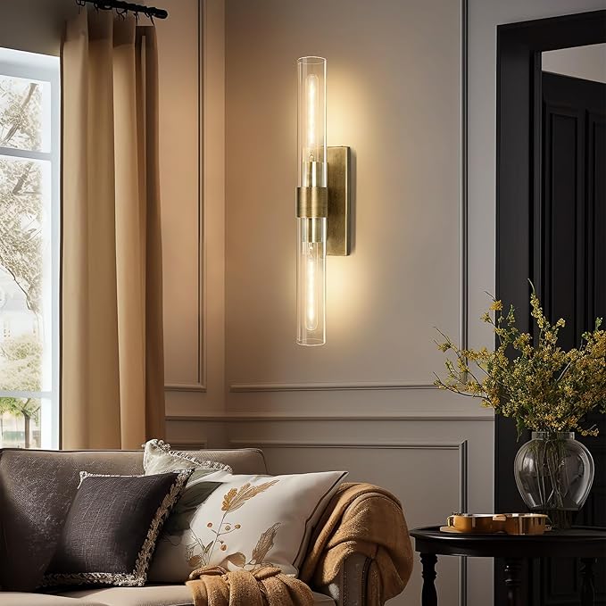 Wall Sconces Set of Two, 22.8" Gold Bathroom Sconces Wall Lighting with Clear Glass, Modern Sconces Wall Decor Brass Light Fixtures for Bathroom Mirror Living Room Hallway Bedroom