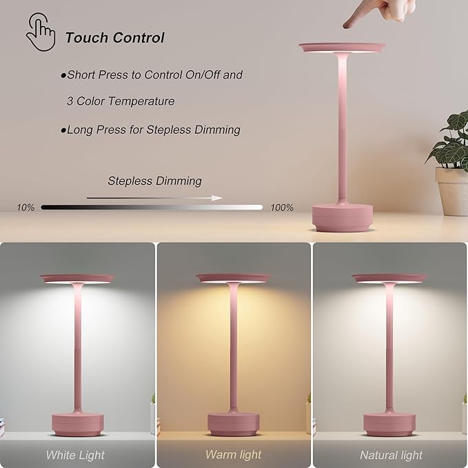2 Pack Rechargeable Cordless Table Lamps, Portable 5000mAh Outdoor Table Light, 3 Color Stepless Dimming LED Table Lamp with Memory Function, for Home/Dinner/Patio/Restaurant.(Pink)