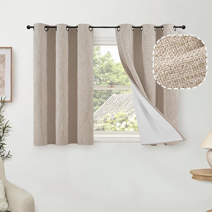 Lajode 45 Inch Length Linen Blackout Curtains for Short Cafe Window, Thermal Insulated Light Blocking Soundproof Privacy Burlap Curtains 2 Panels, Each 38 Inch Wide Beige