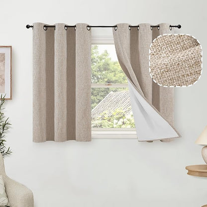 Lajode 40 Inch Length Linen Blackout Curtains for Short Cafe Window, Thermal Insulated Light Blocking Soundproof Privacy Burlap Curtains 2 Panels, Each 38 Inch Wide Beige