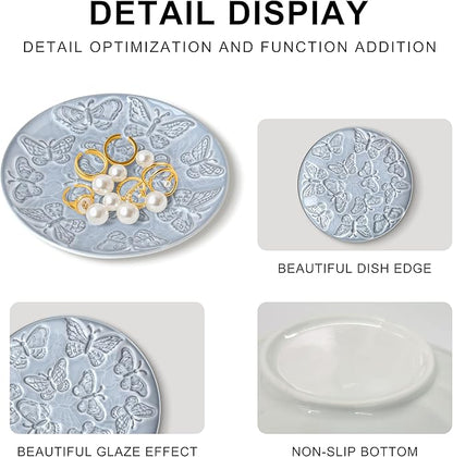 Ceramic Jewelry Dish, Decorative Tray for Rings Earrings Necklaces Bracelet Watch Keys, 4.50" Trinket Tray as Gifts for Women (Antique Butterflies)