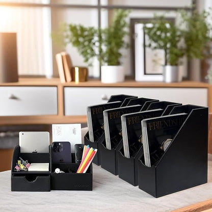 UnionBasic Magazine File Holder - Office Leatherette Desktop Document File Folder Journals Organizer Racks, Black, Set of 4