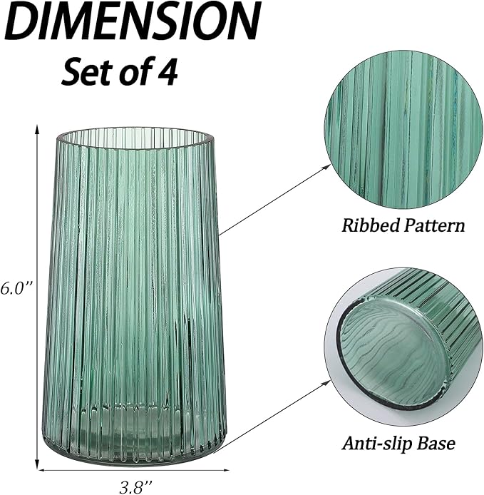 Green Glass Vases Set of 4, Small Vases for Flowers, Flower Vase for Bouquet, Modern Ribbed Glass Vase for Living Room, Bedroom, Dining Table, Office, Wedding, Centerpieces