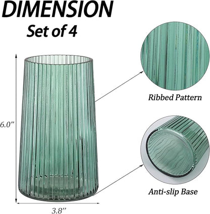 Green Glass Vases Set of 4, Small Vases for Flowers, Flower Vase for Bouquet, Modern Ribbed Glass Vase for Living Room, Bedroom, Dining Table, Office, Wedding, Centerpieces