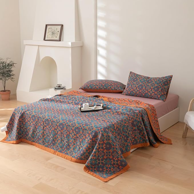 100% Cotton Muslin Blanket Jacquard Bohomian Mandala Floral Print Quilt, Soft Bed Cover Reversible Bedspread Coverlet Breathable Lightweight Bedding Full/Queen(78"x94"), No Pillow Sham